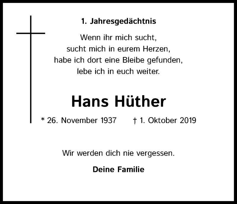  Traueranzeige für Hans Hüther vom 03.10.2020 aus Kölner Stadt-Anzeiger / Kölnische Rundschau / Express