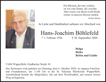 Anzeige von Hans-Joachim Böhlefeld von Kölner Stadt-Anzeiger / Kölnische Rundschau / Express