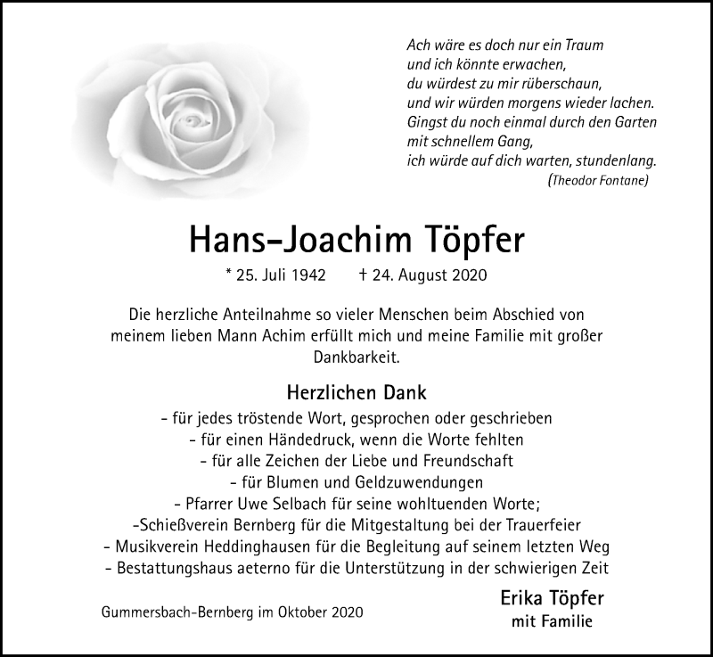  Traueranzeige für Hans-Joachim Töpfer vom 10.10.2020 aus Kölner Stadt-Anzeiger / Kölnische Rundschau / Express