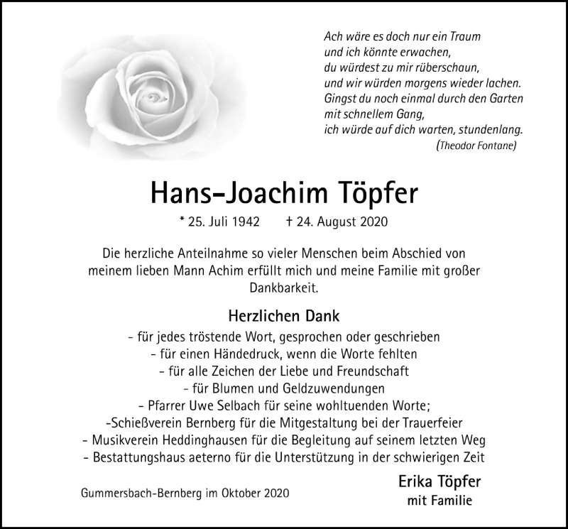  Traueranzeige für Hans-Joachim Töpfer vom 09.10.2020 aus  Anzeigen Echo 