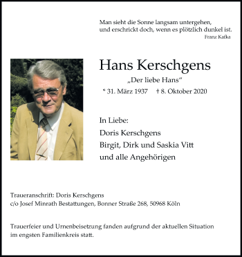 Anzeige von Hans Kerschgens von Kölner Stadt-Anzeiger / Kölnische Rundschau / Express