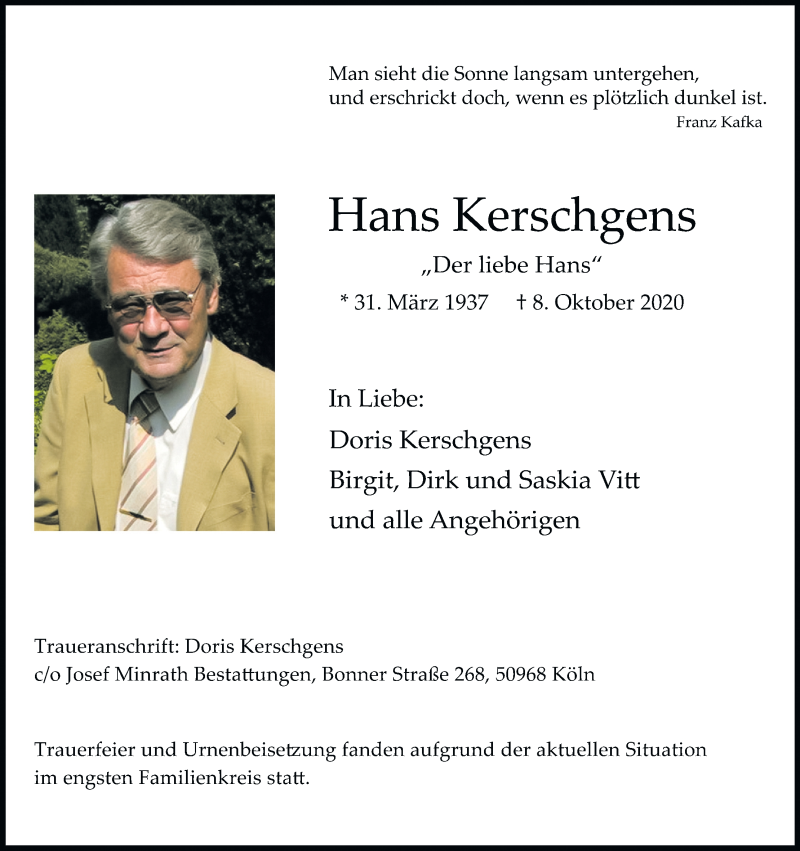  Traueranzeige für Hans Kerschgens vom 24.10.2020 aus Kölner Stadt-Anzeiger / Kölnische Rundschau / Express