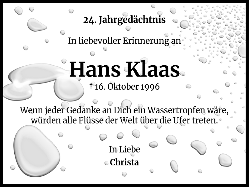  Traueranzeige für Hans Klaas vom 18.07.2023 aus Kölner Stadt-Anzeiger / Kölnische Rundschau / Express