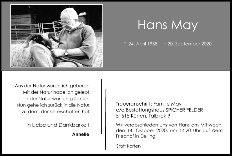  Traueranzeige für Hans May vom 03.10.2020 aus Kölner Stadt-Anzeiger / Kölnische Rundschau / Express
