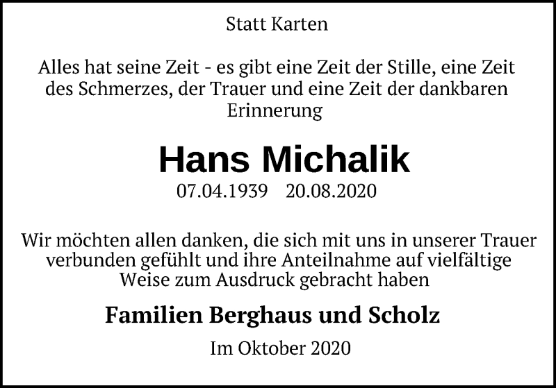  Traueranzeige für Hans Michalik vom 24.10.2020 aus Kölner Stadt-Anzeiger / Kölnische Rundschau / Express