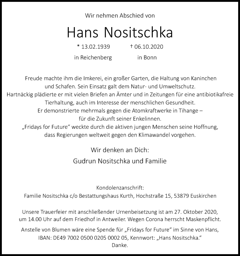  Traueranzeige für Hans Nositschka vom 17.10.2020 aus Kölner Stadt-Anzeiger / Kölnische Rundschau / Express