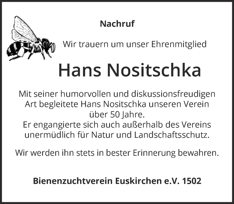  Traueranzeige für Hans Nositschka vom 24.10.2020 aus  Blickpunkt Euskirchen 