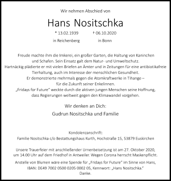 Anzeige von Hans Nositschka von Kölner Stadt-Anzeiger / Kölnische Rundschau / Express