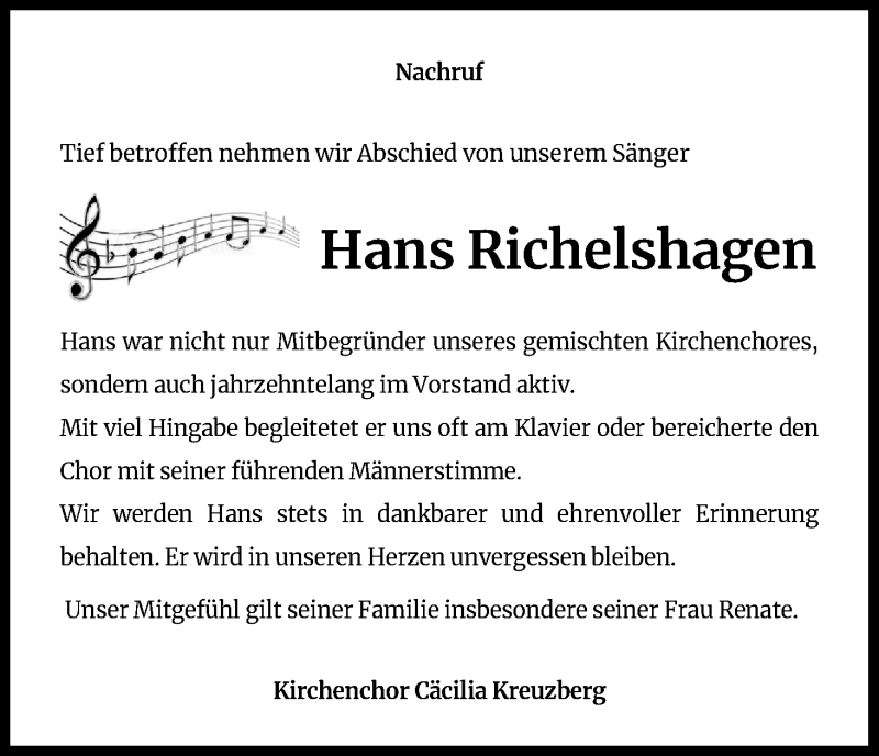  Traueranzeige für Hans Richelshagen vom 08.10.2020 aus Kölner Stadt-Anzeiger / Kölnische Rundschau / Express