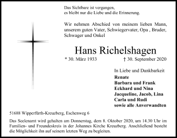 Anzeige von Hans Richelshagen von Kölner Stadt-Anzeiger / Kölnische Rundschau / Express