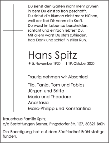 Anzeige von Hans Spitz von  Schlossbote/Werbekurier 