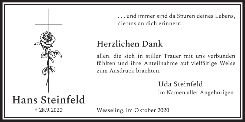  Traueranzeige für Hans Steinfeld vom 30.10.2020 aus  Schlossbote/Werbekurier 