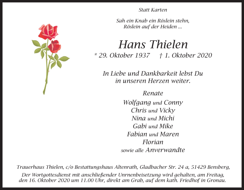  Traueranzeige für Hans Thielen vom 10.10.2020 aus Kölner Stadt-Anzeiger / Kölnische Rundschau / Express