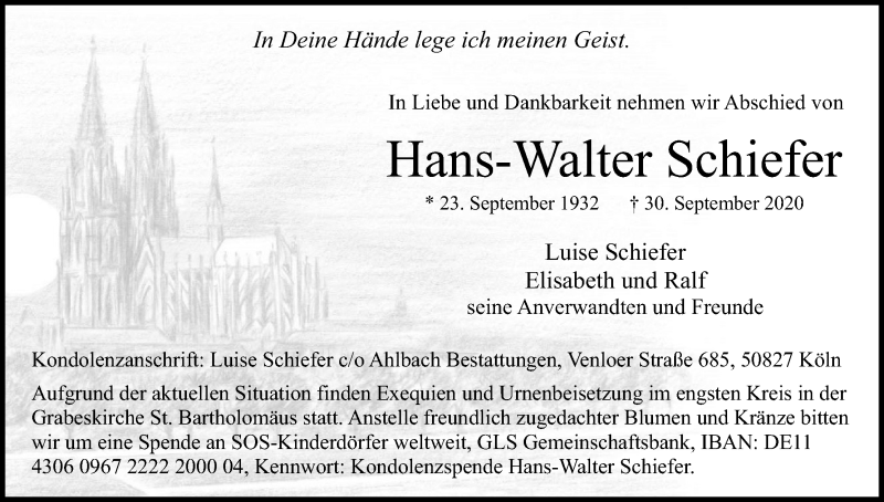 Traueranzeige für Hans-Walter Schiefer vom 03.10.2020 aus Kölner Stadt-Anzeiger / Kölnische Rundschau / Express