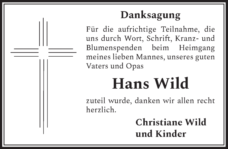  Traueranzeige für Hans Wild vom 09.10.2020 aus  Schlossbote/Werbekurier 