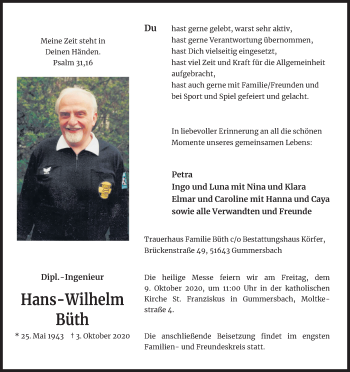 Anzeige von Hans-Wilhelm Büth von Kölner Stadt-Anzeiger / Kölnische Rundschau / Express