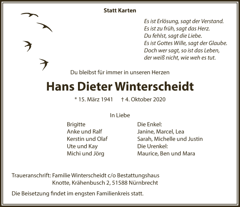  Traueranzeige für Hans Dieter Winterscheidt vom 09.10.2020 aus  Anzeigen Echo 