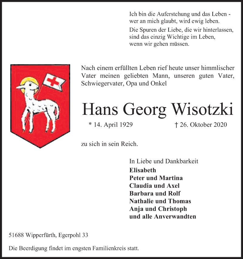  Traueranzeige für Hans Georg Wisotzki vom 29.10.2020 aus Kölner Stadt-Anzeiger / Kölnische Rundschau / Express