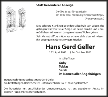 Anzeige von Hans Gerd Geller von  Anzeigen Echo 