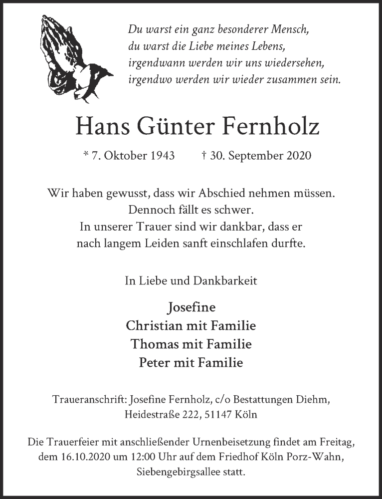  Traueranzeige für Hans Günter Fernholz vom 09.10.2020 aus  Kölner Wochenspiegel 