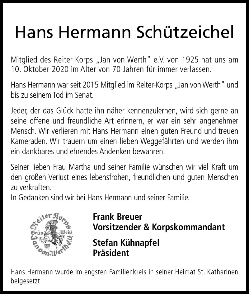  Traueranzeige für Hans Hermann Schützeichel vom 24.10.2020 aus Kölner Stadt-Anzeiger / Kölnische Rundschau / Express