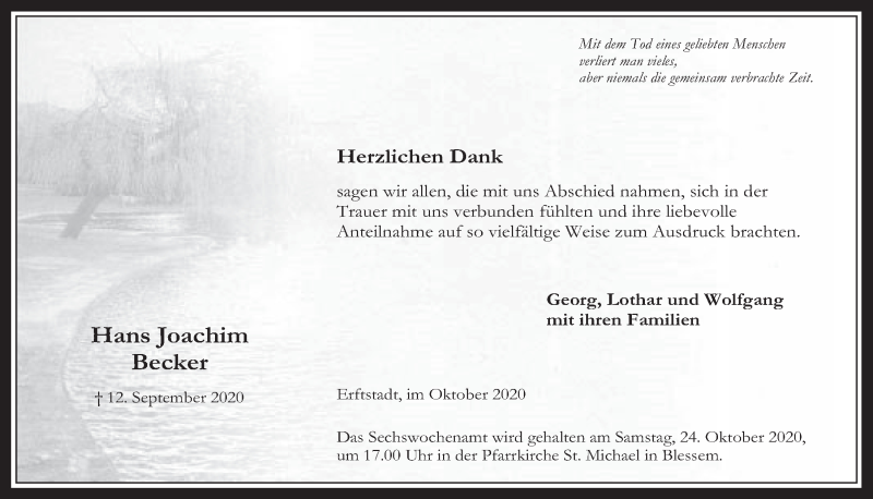  Traueranzeige für Hans Joachim Becker vom 16.10.2020 aus  Werbepost 