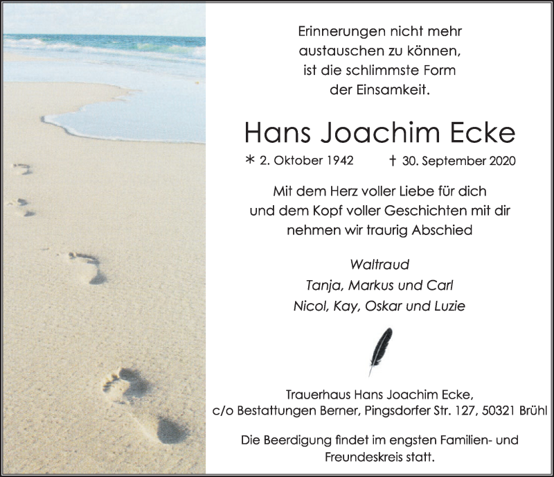 Traueranzeige für Hans Joachim Ecke vom 09.10.2020 aus  Schlossbote/Werbekurier 
