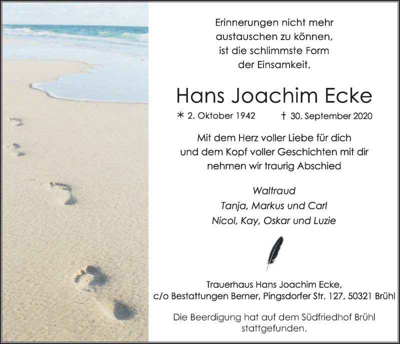  Traueranzeige für Hans Joachim Ecke vom 23.10.2020 aus  Schlossbote/Werbekurier 