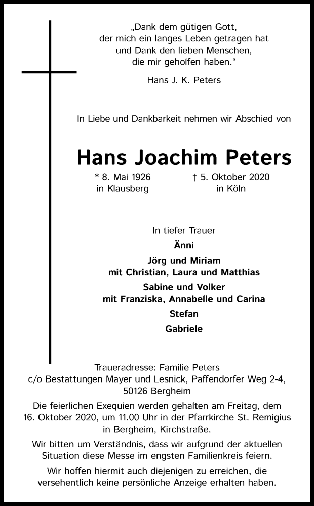  Traueranzeige für Hans Joachim Peters vom 10.10.2020 aus Kölner Stadt-Anzeiger / Kölnische Rundschau / Express