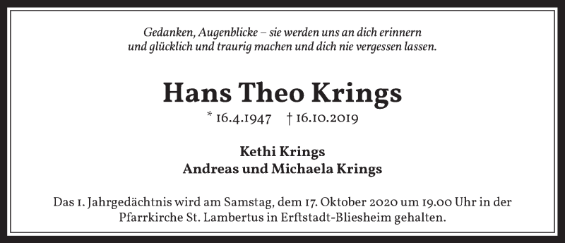  Traueranzeige für Hans Theo Krings vom 09.10.2020 aus  Werbepost 