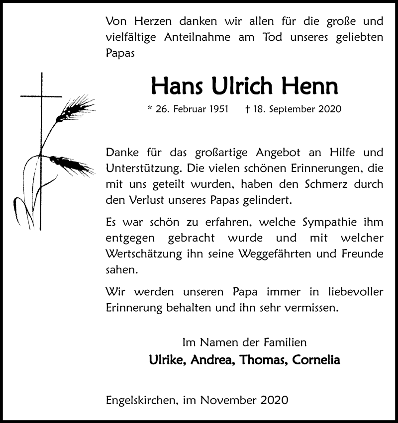  Traueranzeige für Hans Ulrich Henn vom 31.10.2020 aus Kölner Stadt-Anzeiger / Kölnische Rundschau / Express