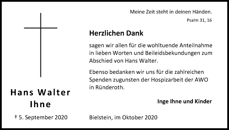  Traueranzeige für Hans Walter Ihne vom 17.10.2020 aus Kölner Stadt-Anzeiger / Kölnische Rundschau / Express