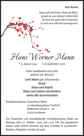 Anzeige von Hans Werner Mann von Kölner Stadt-Anzeiger / Kölnische Rundschau / Express