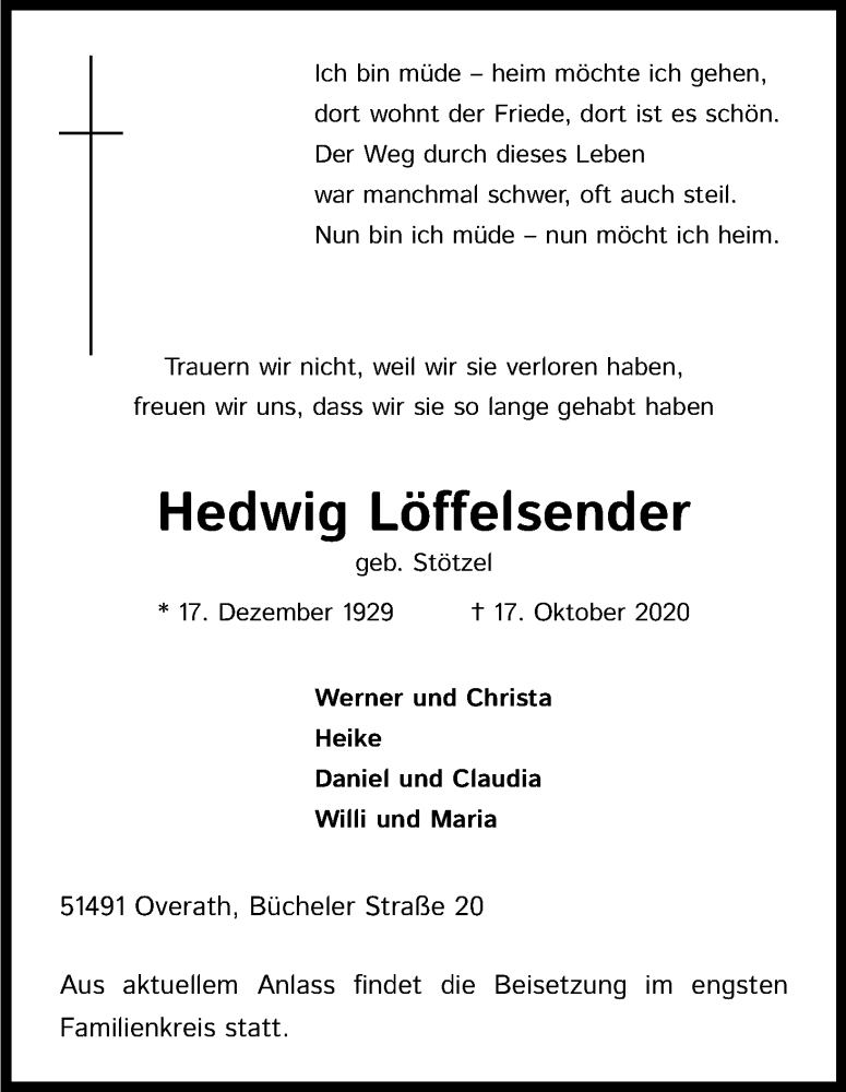  Traueranzeige für Hedwig Löffelsender vom 24.10.2020 aus Kölner Stadt-Anzeiger / Kölnische Rundschau / Express