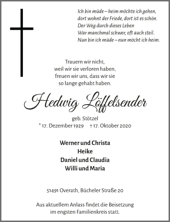 Anzeige von Hedwig Löffelsender von  Bergisches Handelsblatt 