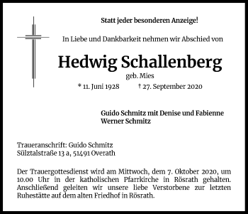 Anzeige von Hedwig Schallenberg von Kölner Stadt-Anzeiger / Kölnische Rundschau / Express