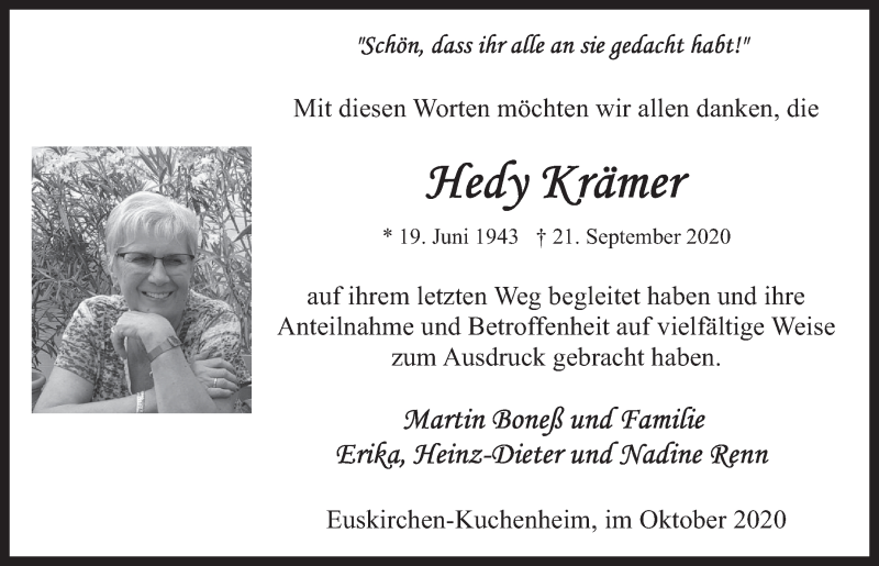 Traueranzeige für Hedy Krämer vom 31.10.2020 aus  Blickpunkt Euskirchen 