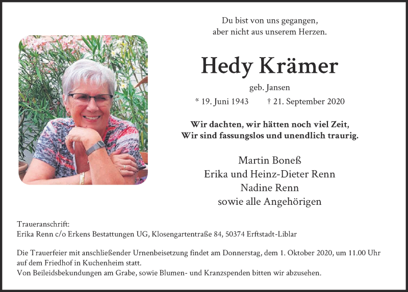  Traueranzeige für Hedy Krämer vom 26.09.2020 aus  Blickpunkt Euskirchen 