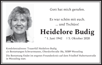 Anzeige von Heidelore Budig von  Schlossbote/Werbekurier 