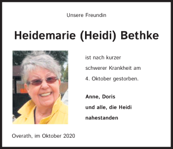 Anzeige von Heidemarie Bethke von Kölner Stadt-Anzeiger / Kölnische Rundschau / Express