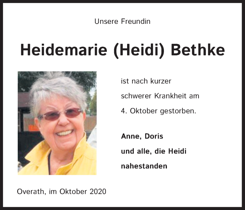  Traueranzeige für Heidemarie Bethke vom 10.10.2020 aus Kölner Stadt-Anzeiger / Kölnische Rundschau / Express