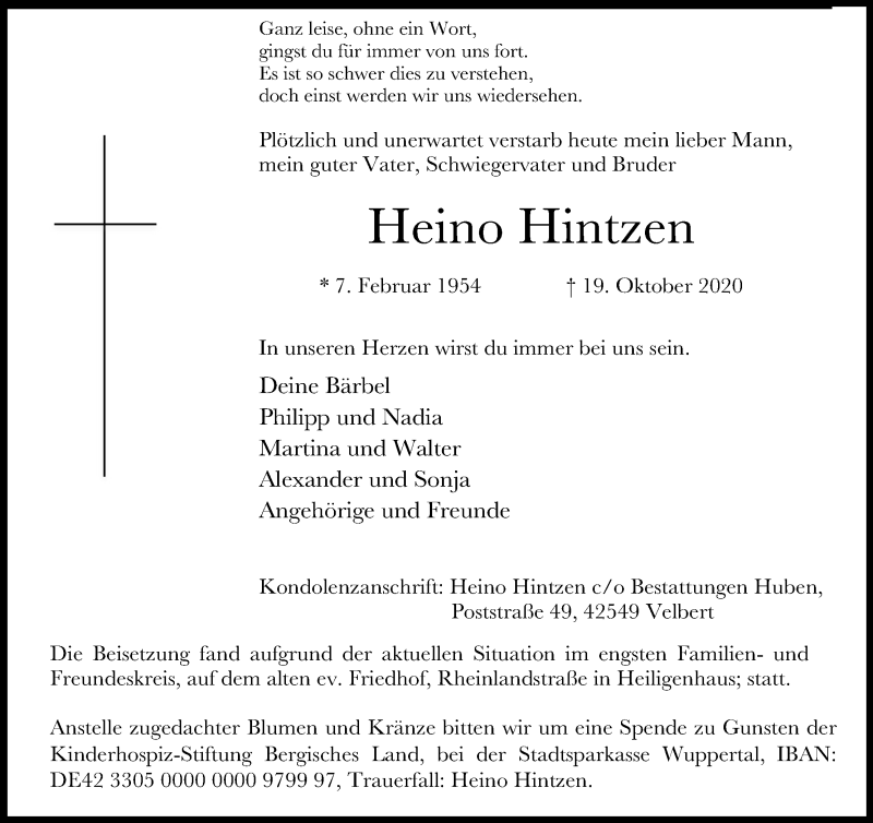  Traueranzeige für Heino Hintzen vom 31.10.2020 aus Kölner Stadt-Anzeiger / Kölnische Rundschau / Express