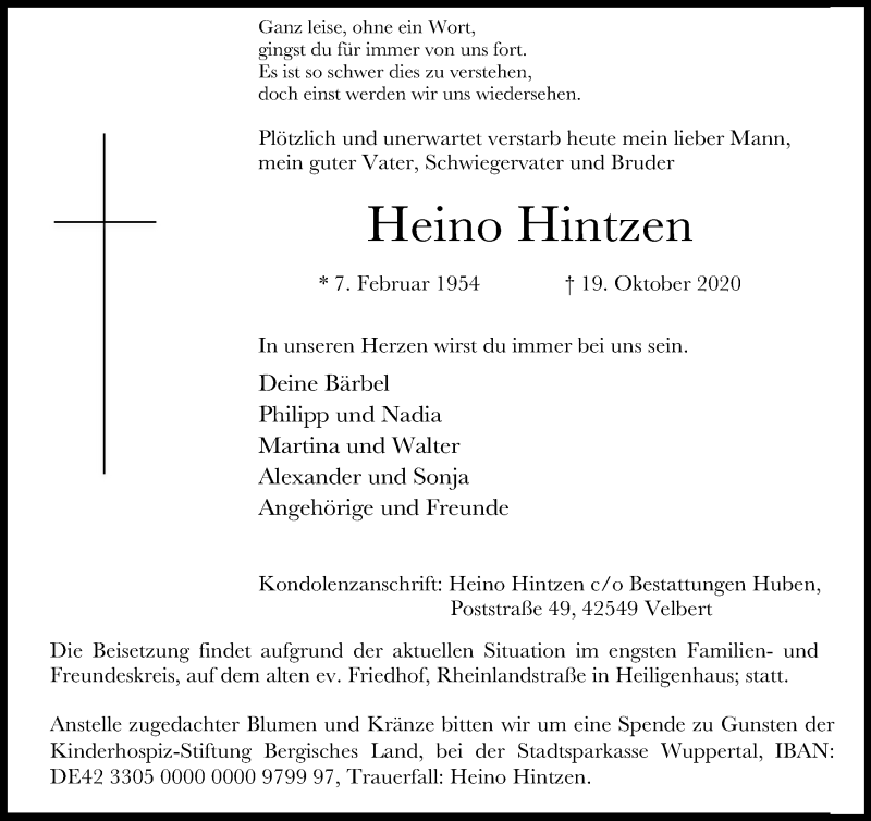  Traueranzeige für Heino Hintzen vom 24.10.2020 aus Kölner Stadt-Anzeiger / Kölnische Rundschau / Express