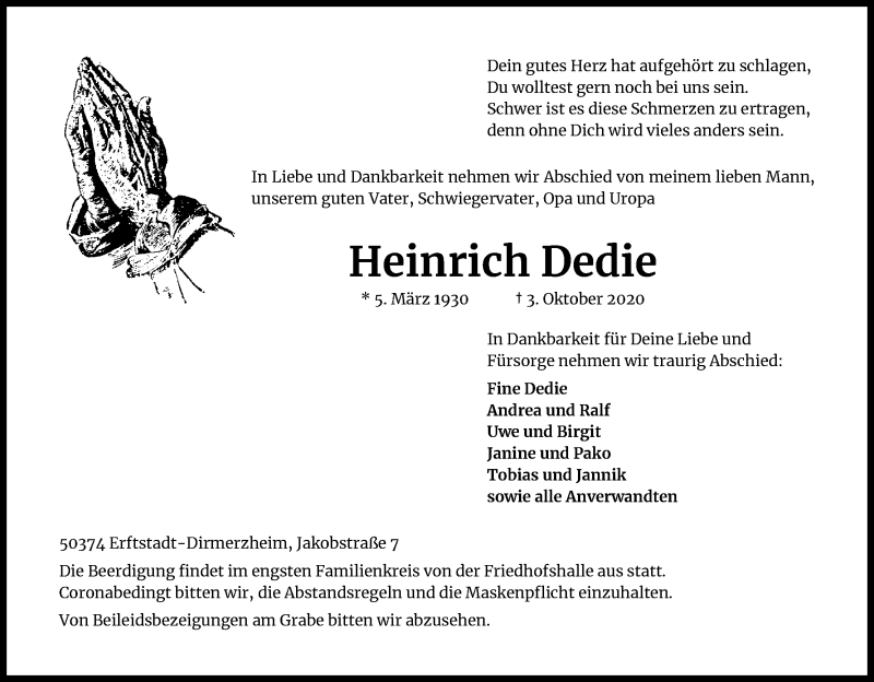  Traueranzeige für Heinrich Dedie vom 08.10.2020 aus Kölner Stadt-Anzeiger / Kölnische Rundschau / Express