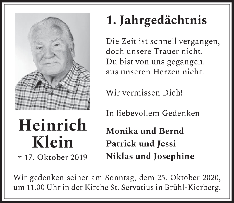  Traueranzeige für Heinrich Klein vom 16.10.2020 aus  Schlossbote/Werbekurier 