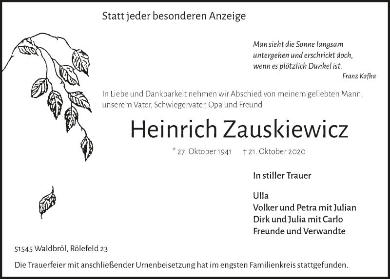 Traueranzeige für Heinrich Zauskiewicz vom 30.10.2020 aus  Lokalanzeiger 