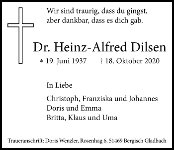 Anzeige von Heinz-Alfred Dilsen von Kölner Stadt-Anzeiger / Kölnische Rundschau / Express
