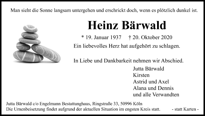  Traueranzeige für Heinz Bärwald vom 24.10.2020 aus Kölner Stadt-Anzeiger / Kölnische Rundschau / Express