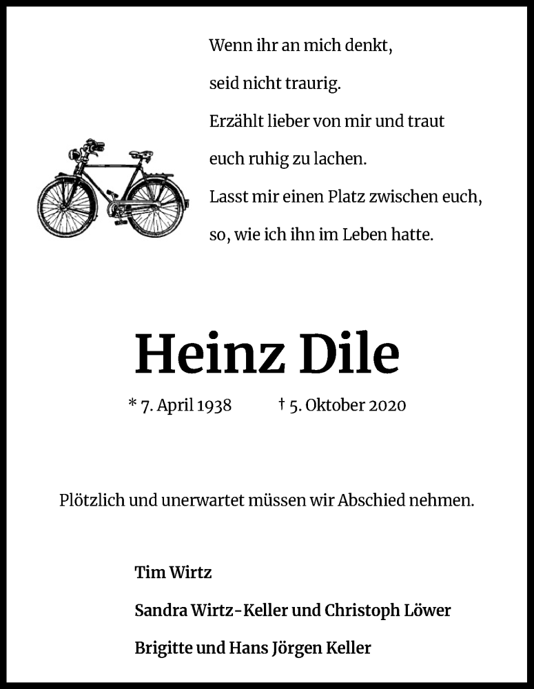  Traueranzeige für Heinz Dile vom 24.10.2020 aus Kölner Stadt-Anzeiger / Kölnische Rundschau / Express