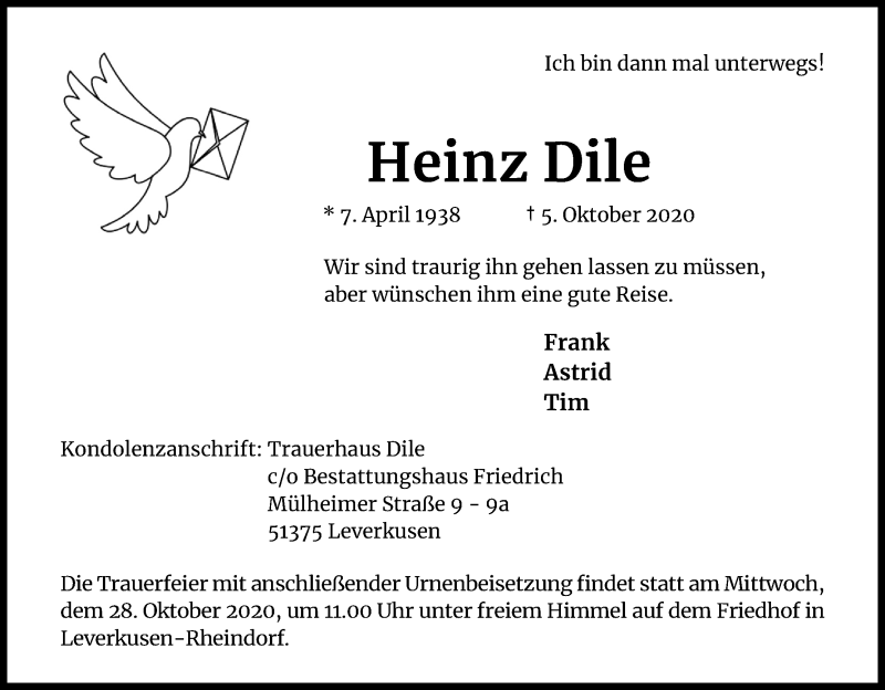  Traueranzeige für Heinz Dile vom 24.10.2020 aus Kölner Stadt-Anzeiger / Kölnische Rundschau / Express